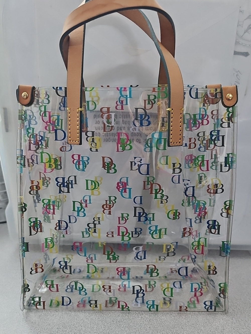 Dooney & Bourke Clear Mini Tote with Multicolor DB Logo and Tan Handles